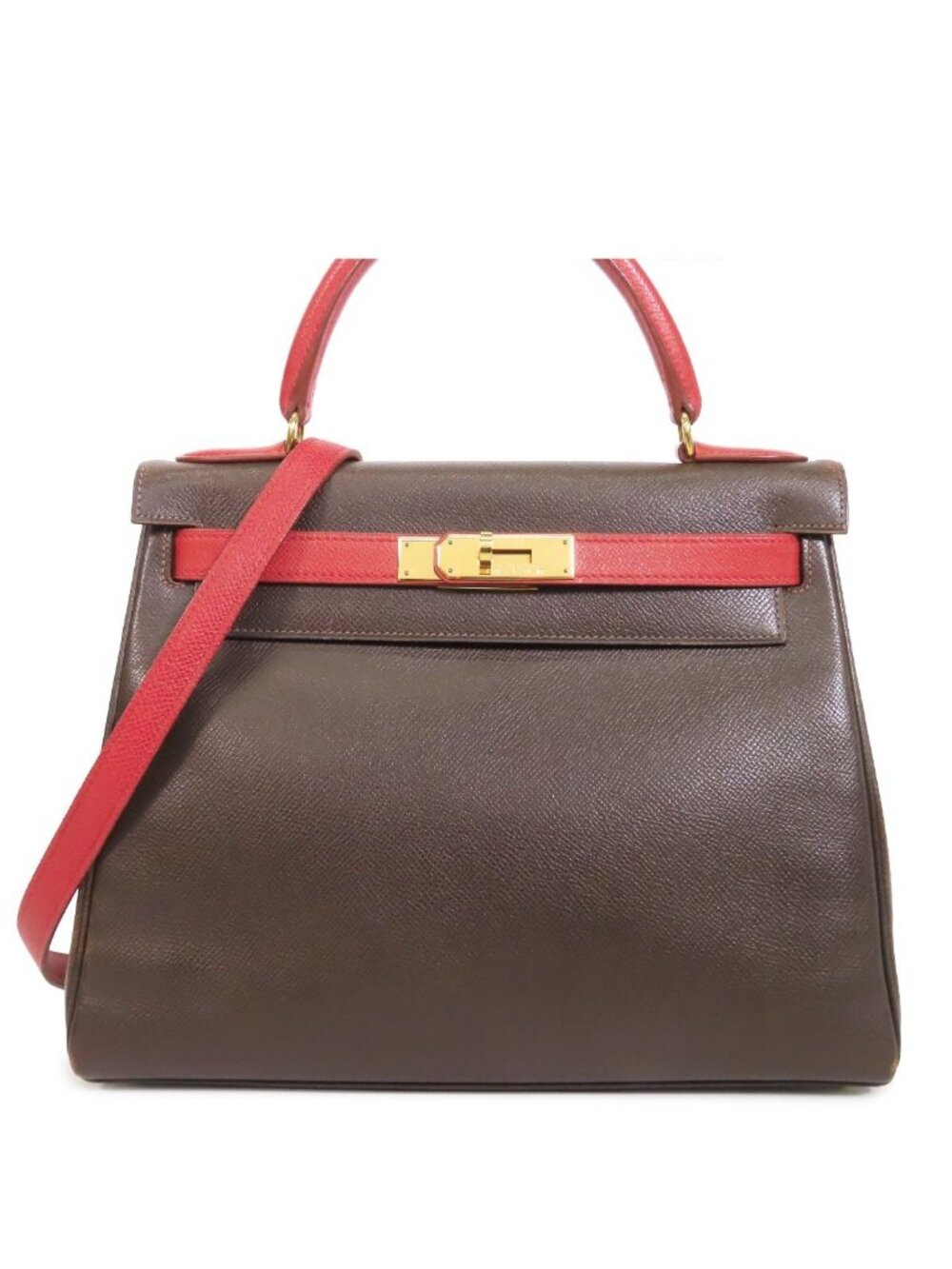 Hermes Kelly 28 Rouge Vif Havana Gold Courchevel Bicolor Retourne 2-Way